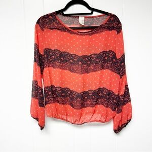 Anthropologie Bird Cage Label Red & Black Polka Dot Striped Long Sleeve Blouse M